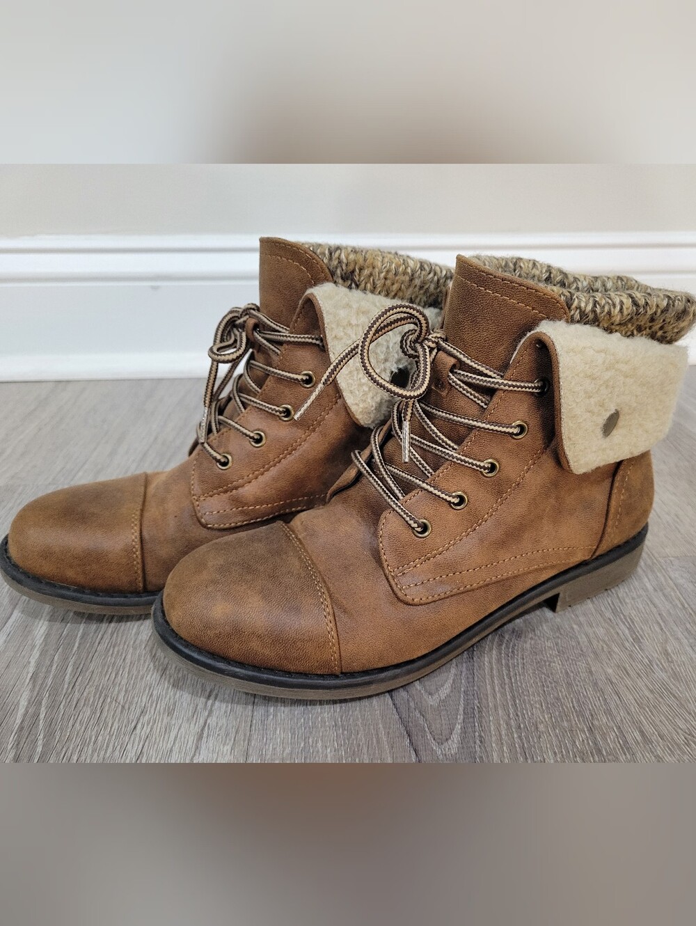 Women's Brown Faux-Leather Lace-Up Ankle Boots